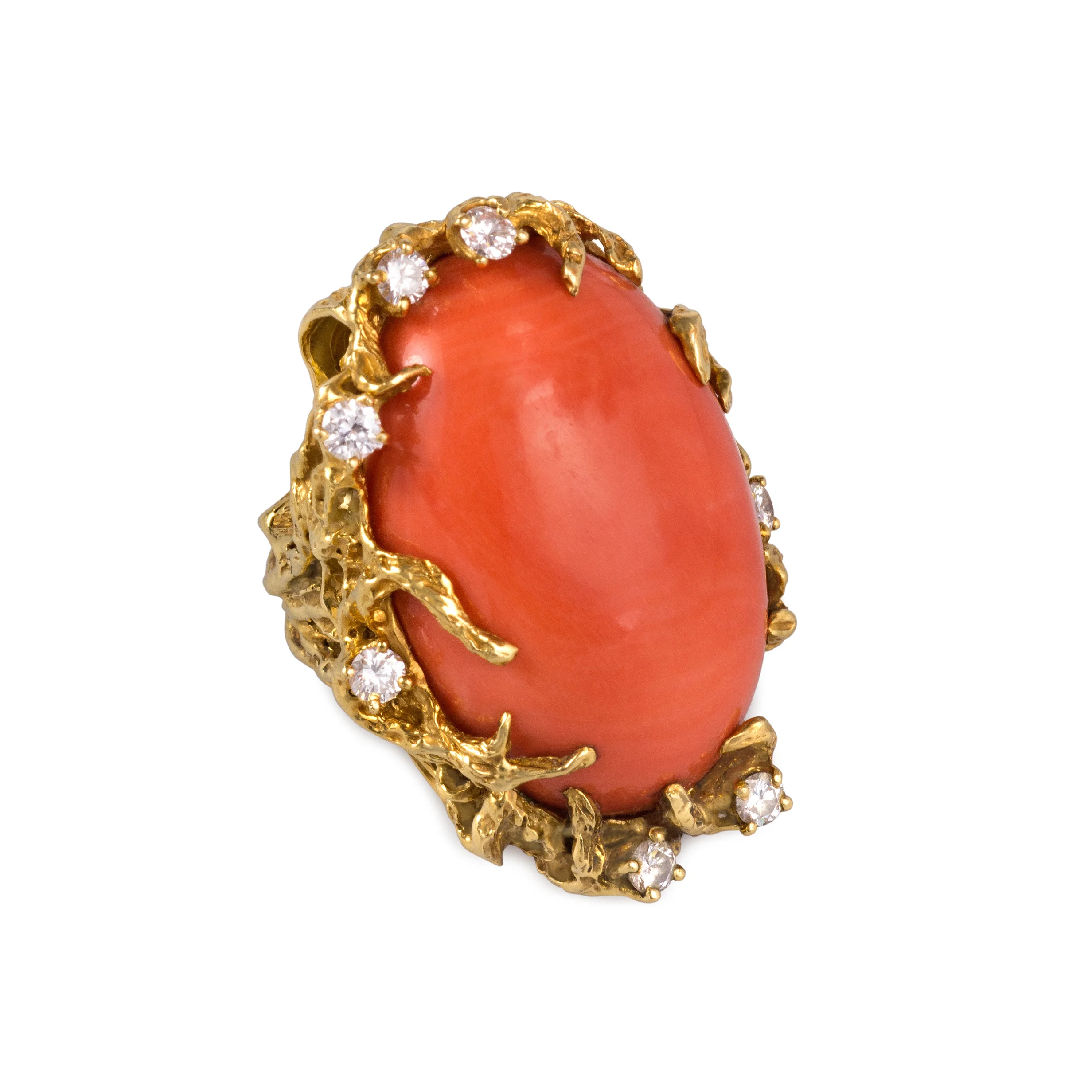 A Cabochon Coral, Diamond and Textured 18k Gold Ring, by Arthur King, c. 1970s. Size 7 1/2