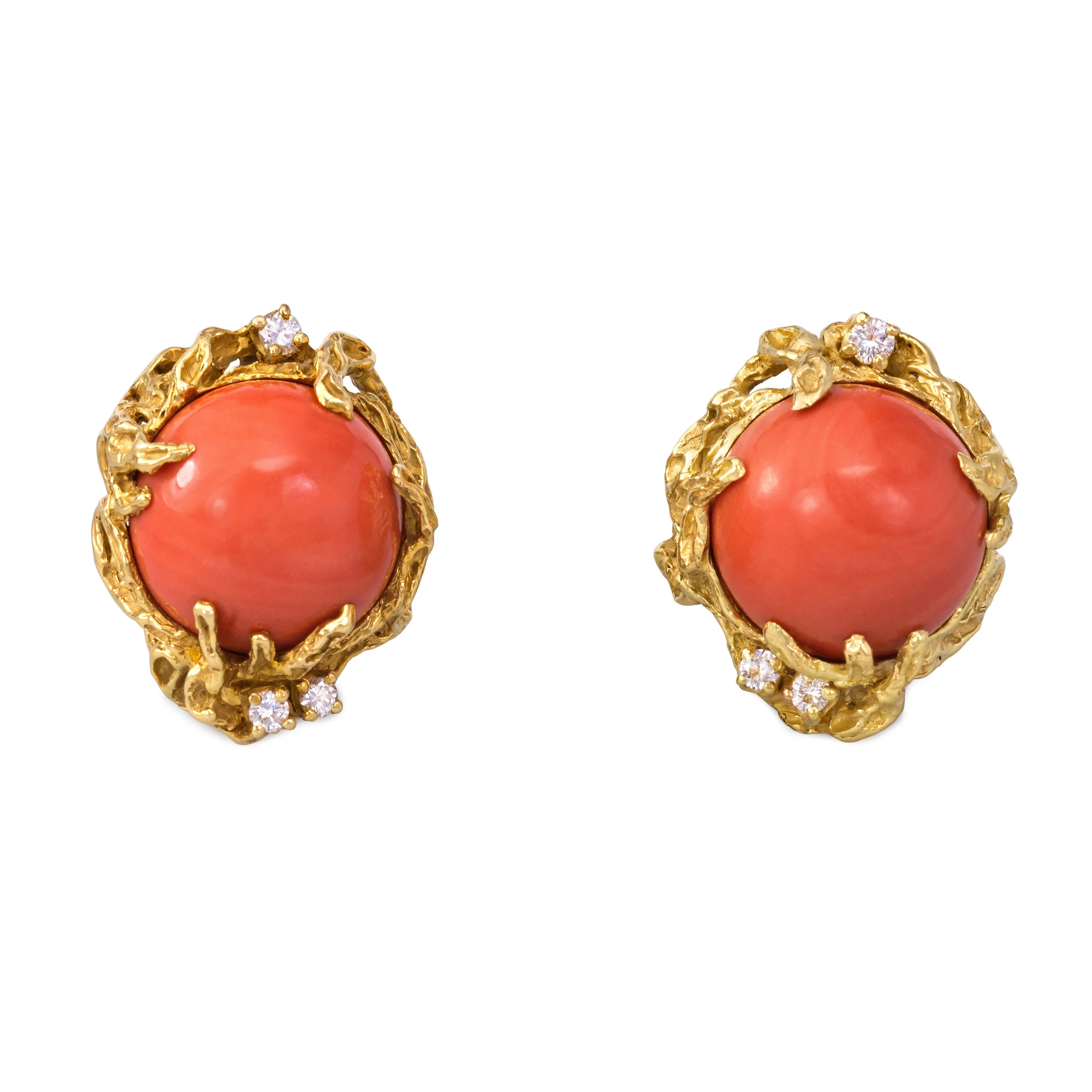  A Pair of Cabochon Coral, Diamond and 18k Gold Ear Clips, by Arthur King, c. 1970s