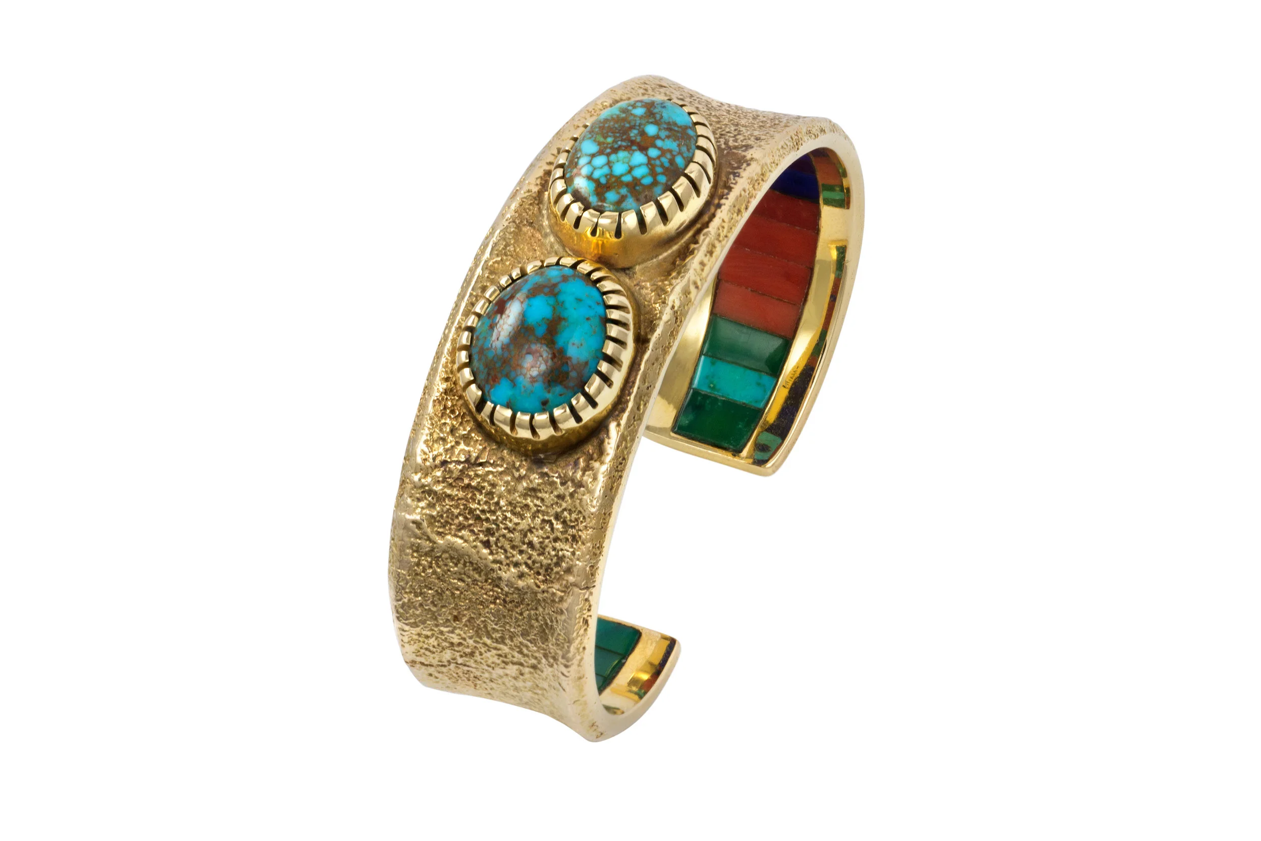 A cabochon turquoise and tufa cast 14 karat gold cuff, with channel set coral, lapis and turquoise interior, by Charles Loloma, c. 1975