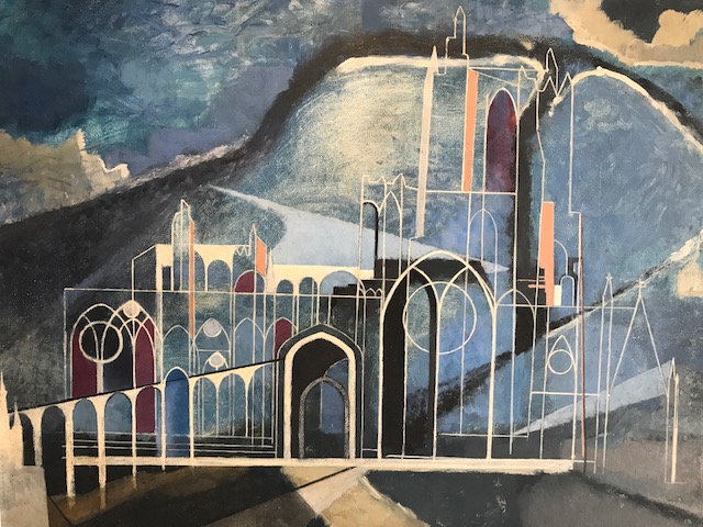 Church in Suffolk , c.1950 by Josselin Bodley (1893-1974). Oil on board. He studied art in Paris and he focussed on architectural studies. Here, in this rare Suffolk image, his architectural detailing is reminiscent of the work John Piper and the more gestural background of Paul Nash. SOLD