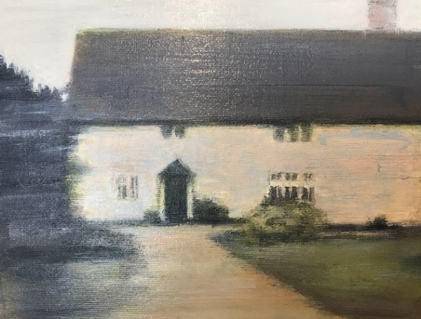 After (4) , 2015 by Kate Sherman. Oil on panel. Sherman's work originates from photographs she has taken of her surroundings (in this case a Suffolk cottage). Her interest in the unpopulated landscape and muted palette create a quietness almost melancholic landscape.