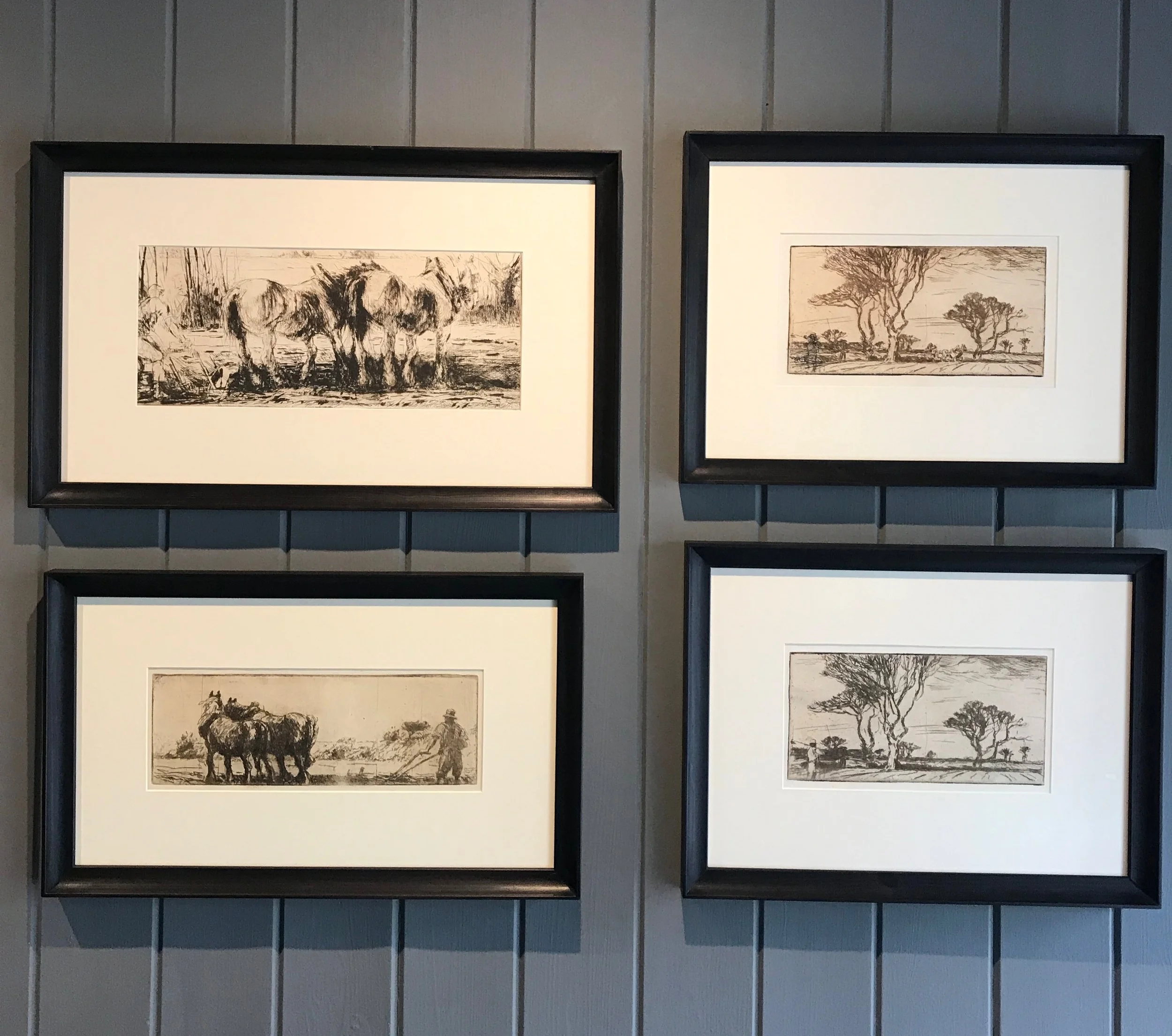 Top left to right - Harry Becker : 1/ Plough Team, c.1920s. Etching on paper. 2 /Distant Plough Team om Tree lined Landscape, c.1910s. Etching on paper. Bottom left to right - Harry Becker 1/ Ploughing, c.1910s. Etching on paper. Brown ink. 2/ Field worker in Tree lined Landscape , 1910s. Etching on paper.