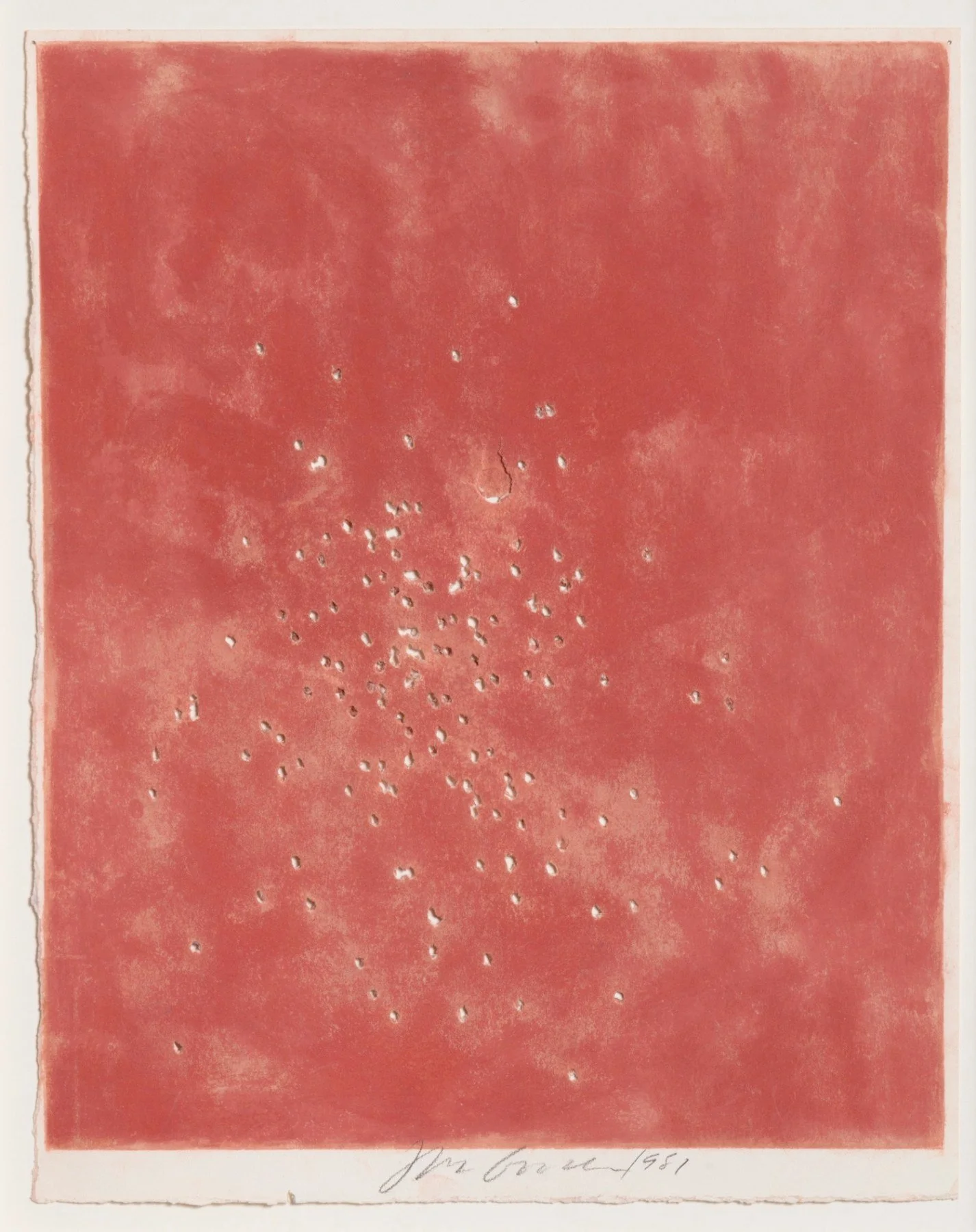  Shotgun (Environmental Impact Drawing #15) , 1981, pastel on paper pierced with bullet holes from a shotgun, 14 3/4" x 11 1/2"