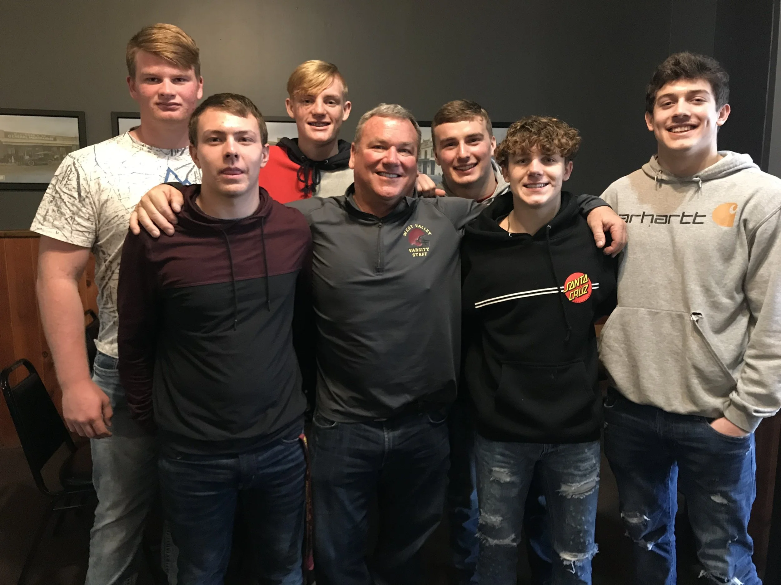 West Valley High School Head Varsity Football Coach, Greg Grandell, with members of the North Section CIF Division III Football Championship team. Back row: Logan Gonzalez, Jacob Best, Cade Lambert Front row: Garett Thibodeau, Greg Grandell, Myles Gibbons, Brock Taylor