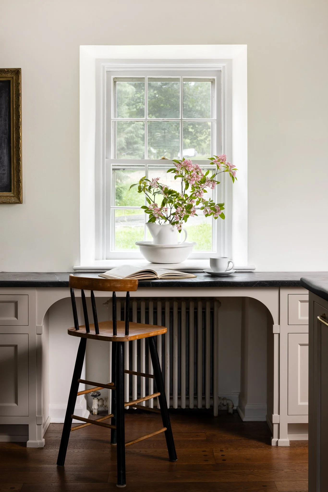 Custom kitchen workstation with built in desk niche, natural window light, and classic cabinetry designed by J.THOM Residential Design, Philadelphia kitchen designer.
