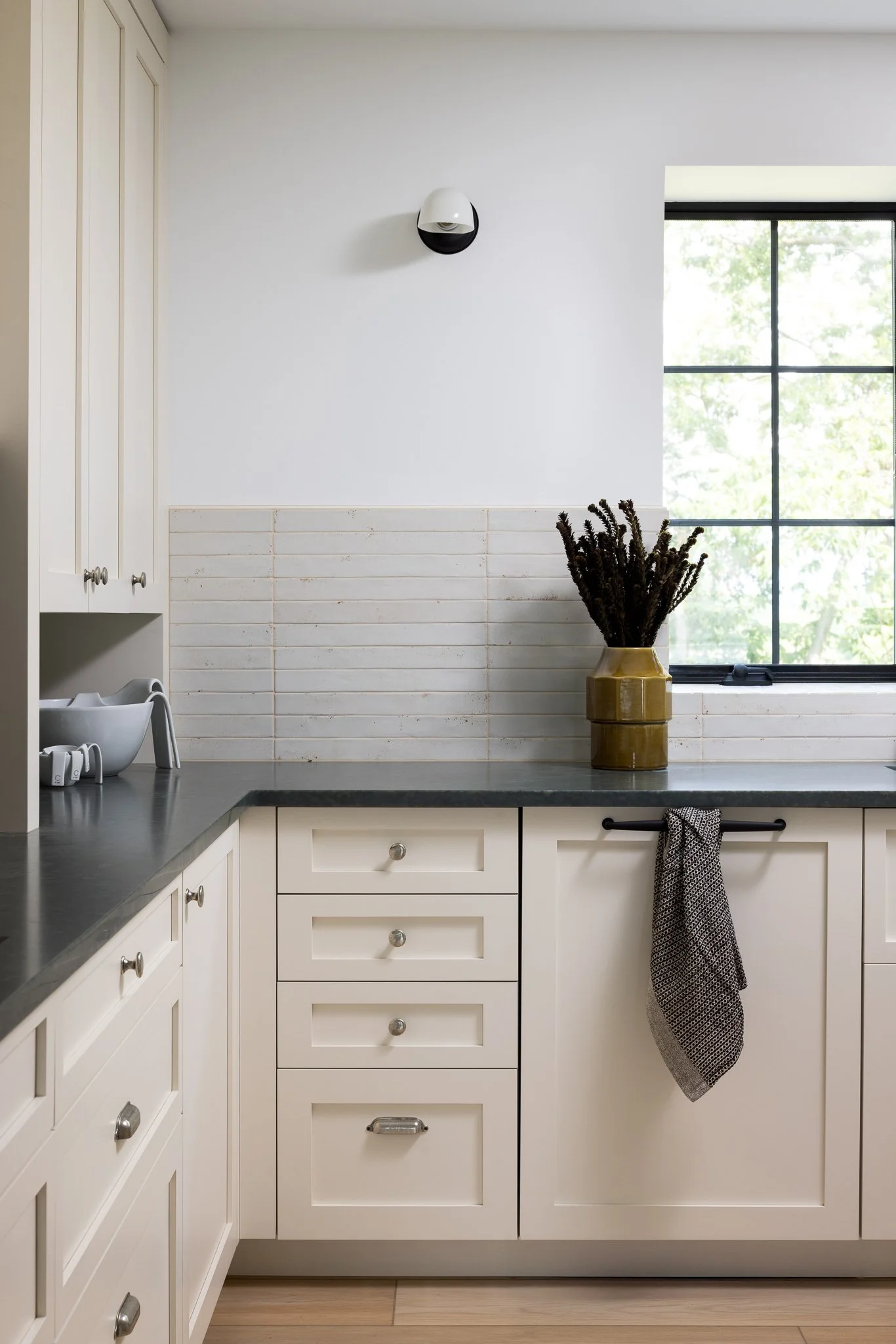 transitional kitchen crockery cabinet with stacked tile backsplash philadelphia residential design