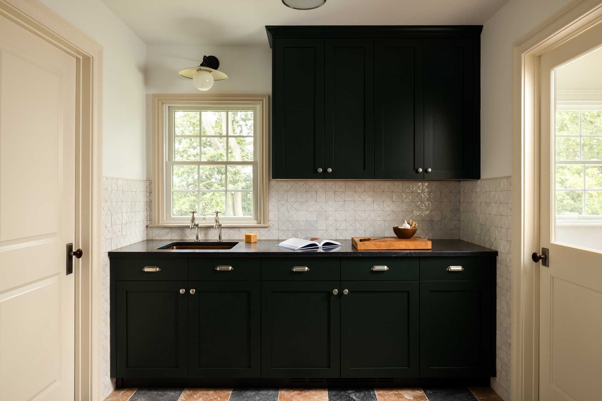 butlers pantry with dark green cabinets and zellige tile backsplash philadelphia residential design