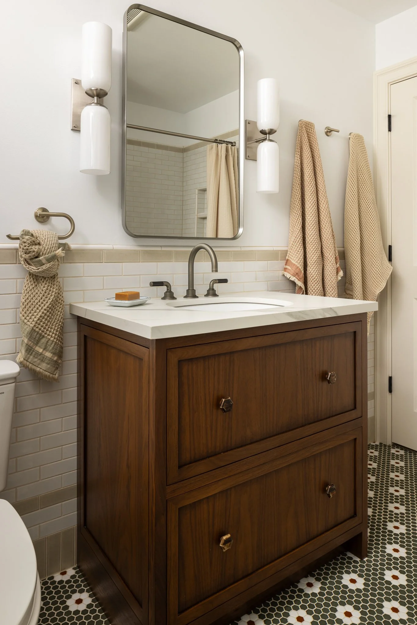 kids bathroom with walnut vanity and hex mosaic tile floor philadelphia residential design