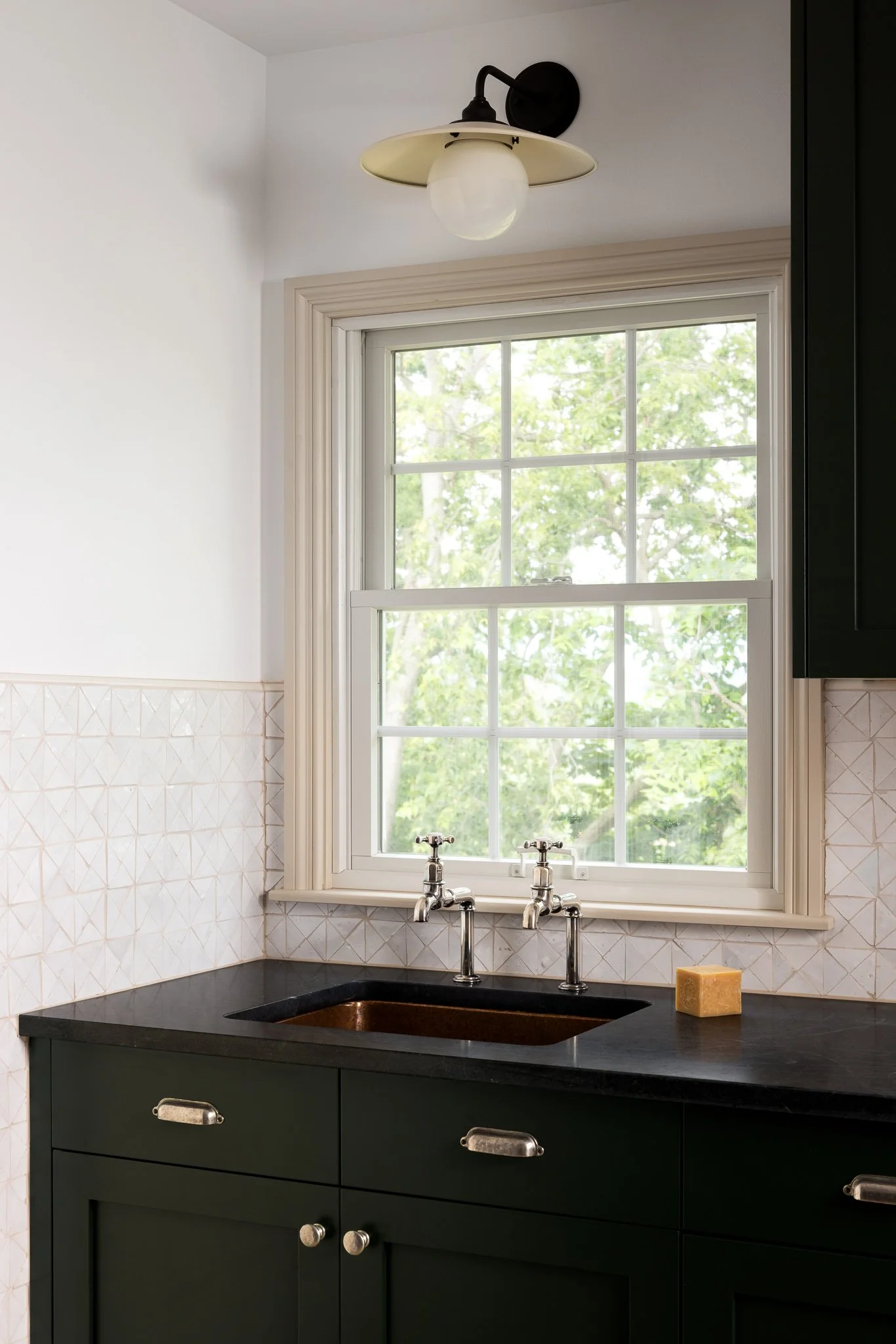 pantry with dark green cabinets soapstone counter and copper sink philadelphia residential design