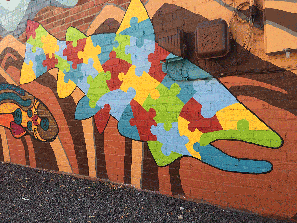 Puzzle Fish by Nancy Marlatt, 2018 | Acrylic | Gill Street group Mural, Laramie Wyoming