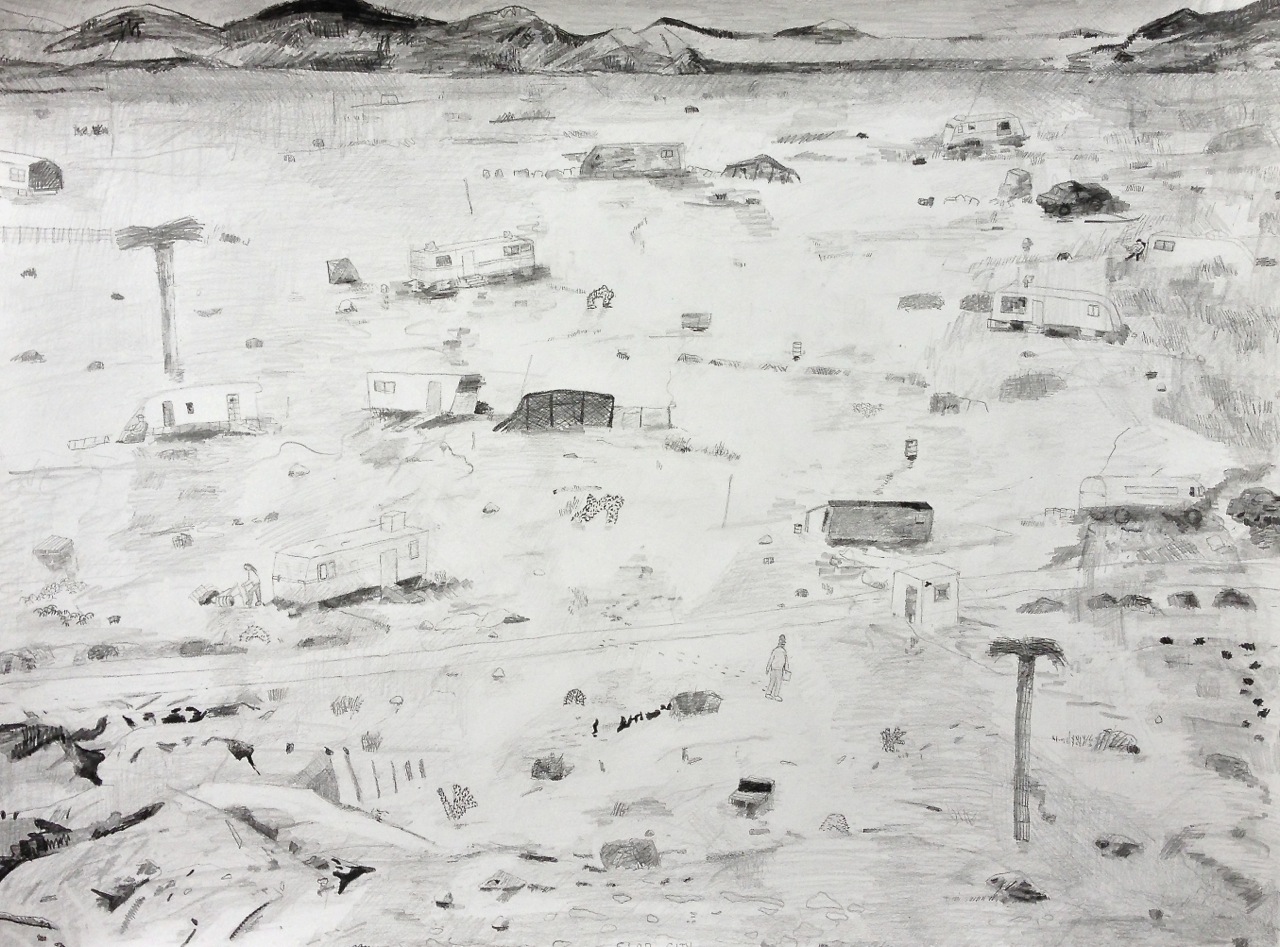  Slab City, pencil on paper, 22 x 30 inches, 2014. 