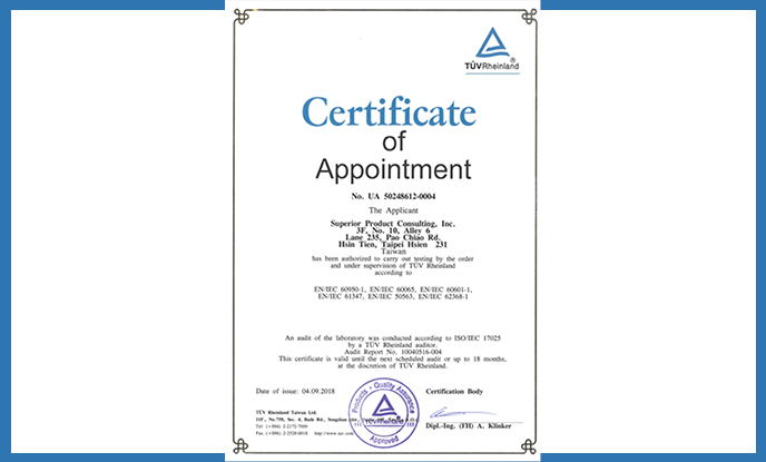 TÜV Rheinland Certificate of Appointment