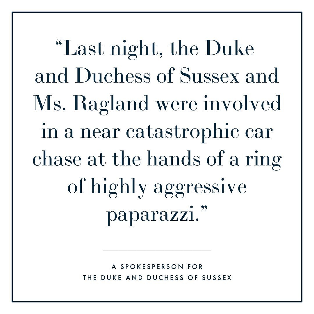 THIS MUST STOP. ✋❌

The Duke and Duchess of Sussex and Meghan&rsquo;s mother, Doria Ragland, were involved in a &ldquo;near catastrophic car chase&rdquo; last night after the Ms. Foundation Awards, according to a statement released by the couple&rsqu