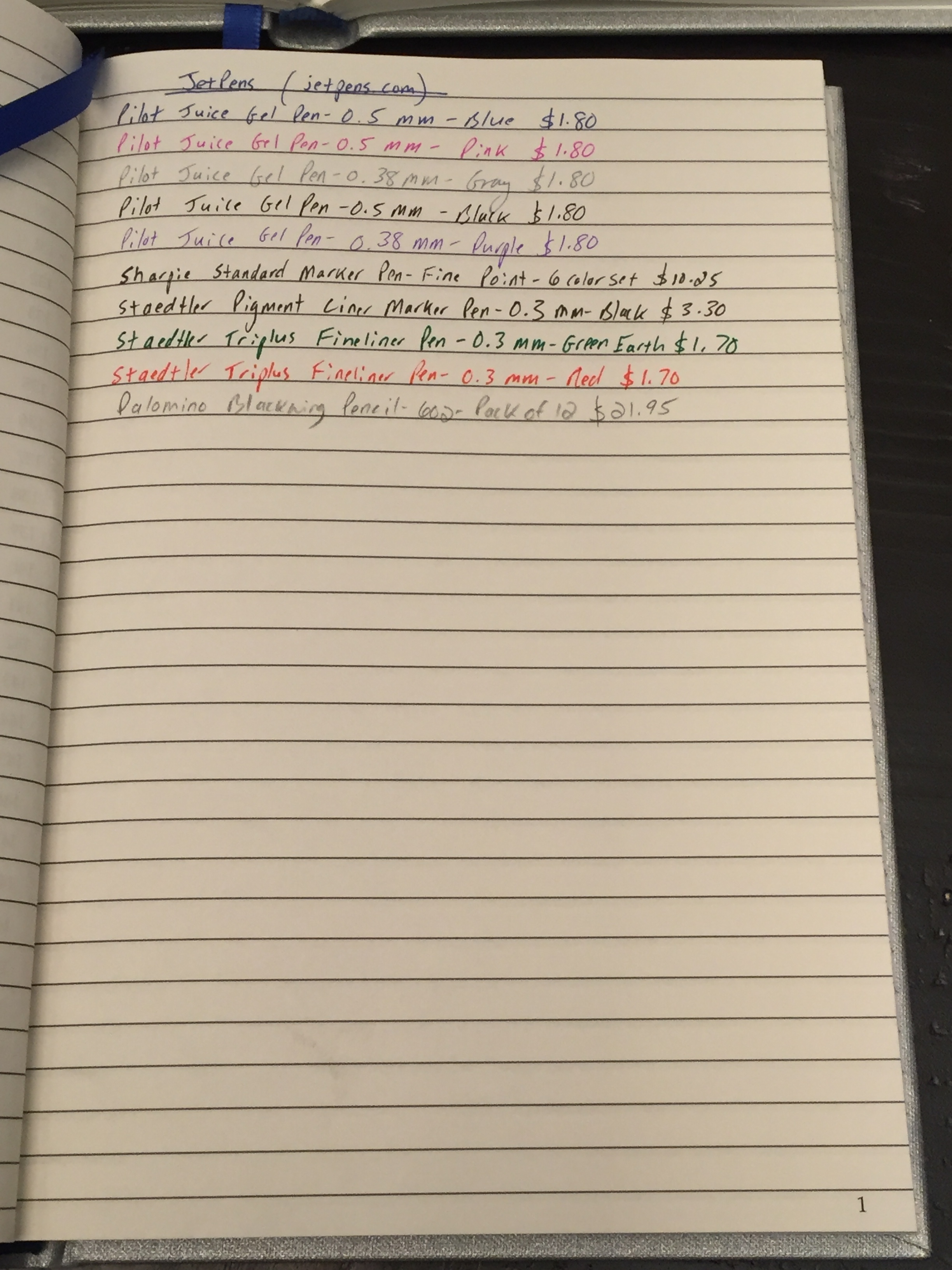 Buy List from Jetpens . I love Pilot Juice gel ink pens; Palomino Blackwing 602 pencils; Sharpie fine point markers; and Staedtler triplus fineliners. 