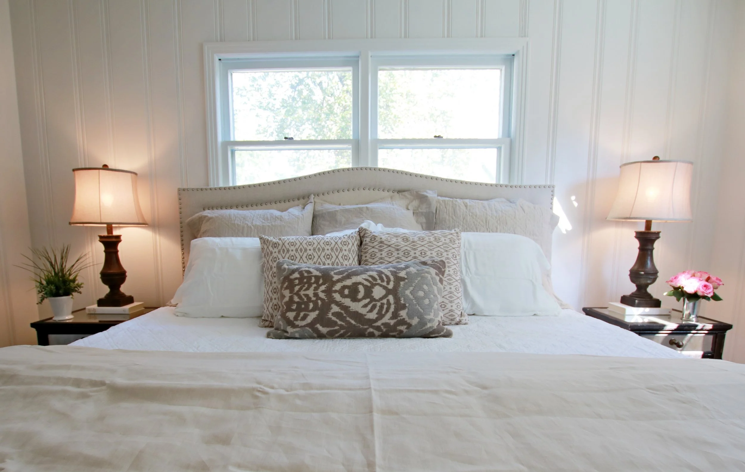 Prime Design Memphis, LLC - Master Bedroom, Sherwin Williams Pure White, Painted Knotty Pine Paneling, Hardwood Floors, Pottery Barn Headboard, Neutral