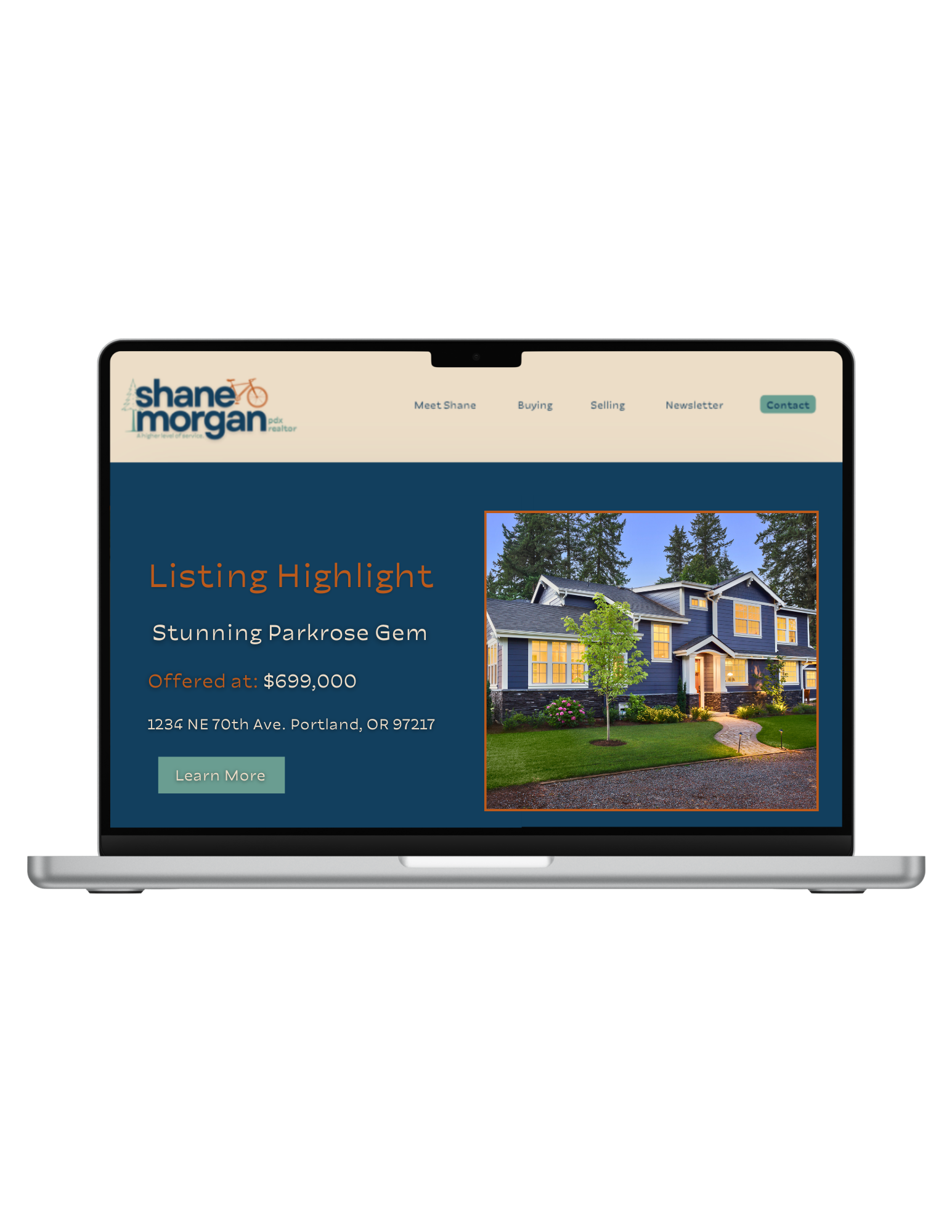 Real estate website displayed on a laptop featuring a property listing. The listing highlights a house labeled 'Stunning Parkrose Gem' with an offer price of $699,000 located at 1234 NE 70th Ave, Portland, OR 97217. The site includes navigation links for 'Meet Shane,' 'Buying,' 'Selling,' 'Newsletter,' and 'Contact.' A 'Learn More' button is also visible.