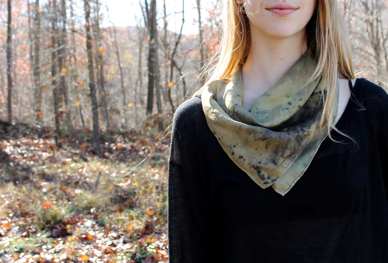 Olive green caesia scarf Silk with hand-rolled hems Marigold bath + indigo Bundled w/ reclaimed rusty objects