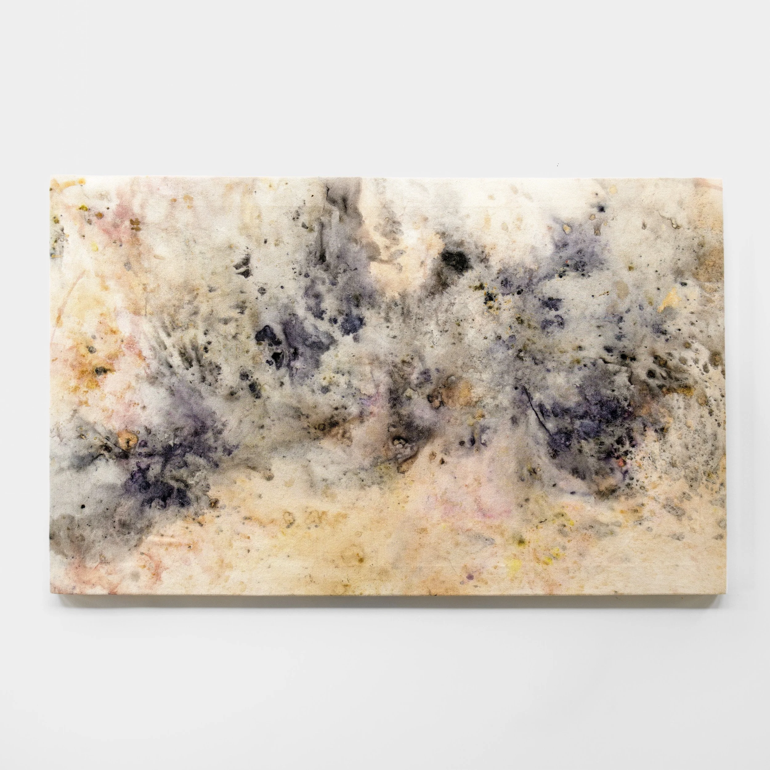  “Ground Melt: april 21-may 3,” up-cycled cotton, natural dyes, minerals, compost, snow, 22 x 35 in. 2023. 