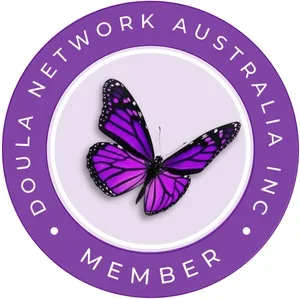 Purple and black butterfly logo for Doula Network Australia Inc. with a purple circular border and white background.