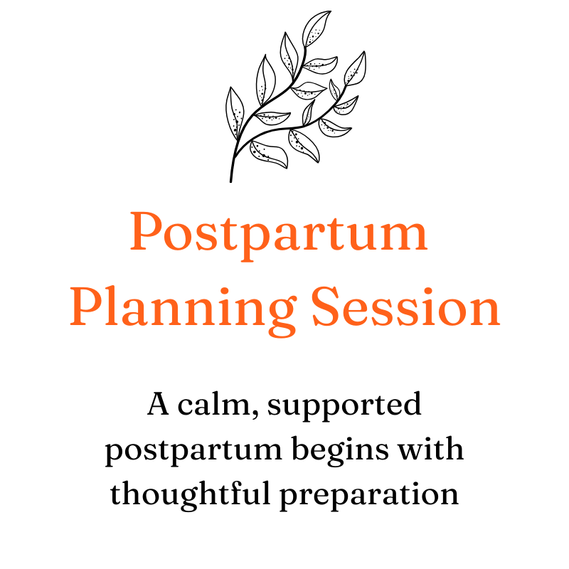 A tile with a black outline of a leafy branch at the top. Promoting 'Postpartum Planning Sessions' online or at your home, with a subtitle in black that says 'A calm, supported postpartum begins with thoughtful preparation.'