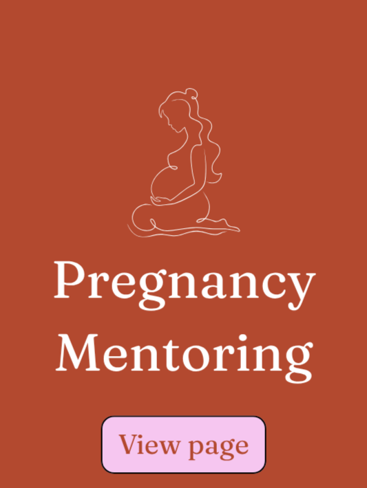 Illustration of a pregnant woman sitting cross-legged, with the words "Pregnancy Mentoring" and a button labeled "View page" on a brown background.