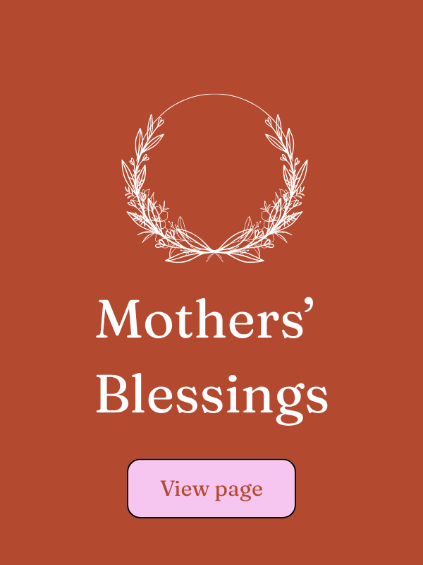 A graphic with a brown background, a white wreath at the top, and the text 'Mother's Blessings' in white. There is a pink button labeled 'View page'.