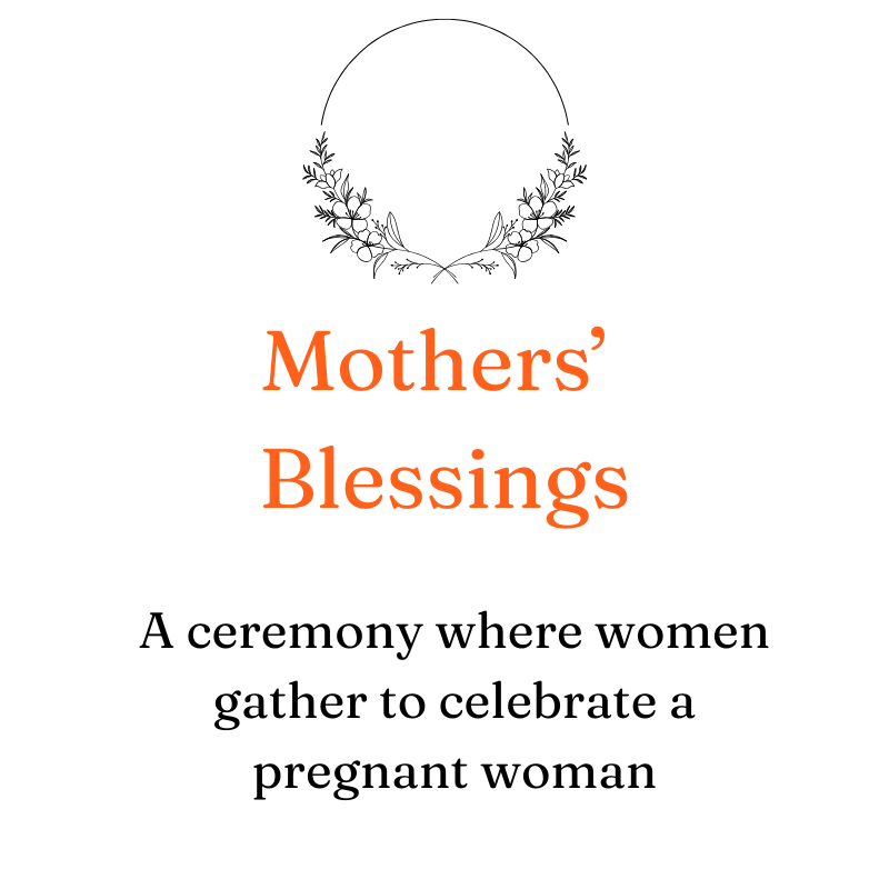 A graphic design with a floral wreath at the top, the words "Mothers' Blessings", and the description "A ceremony where women gather to celebrate a pregnant woman" in smaller black text. Baby shower in Sydney's Eastern and Inner City Suburbs