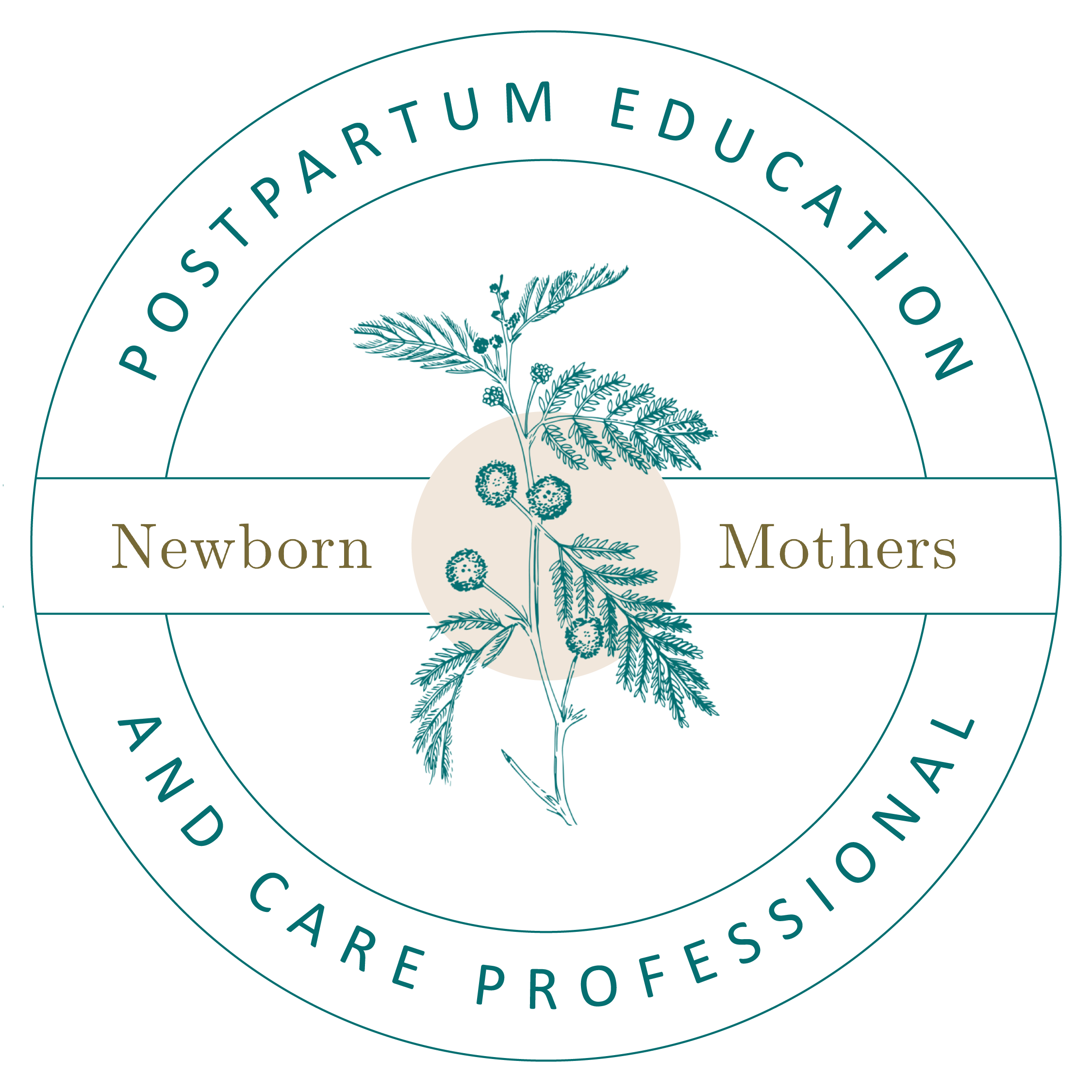 A circular badge with a botanical illustration in the center, featuring a branch with leaves and round flowers. The outer ring contains the text 'Postpartum Education and Care Professional' and the inner ring separates the words 'Newborn' and 'Mothers'.