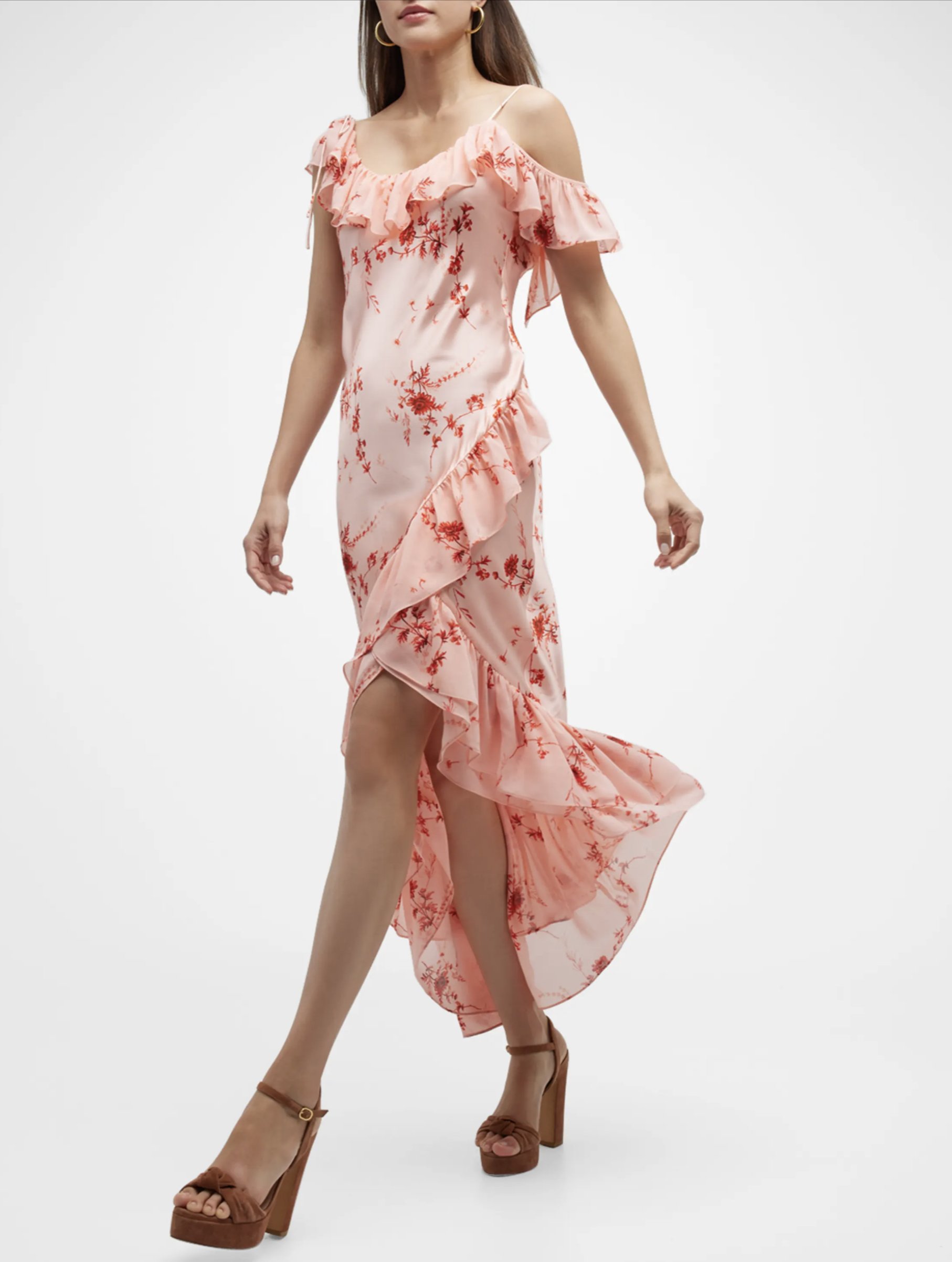 Kersti Ruffle Floral Silk High-Low Midi Dress
