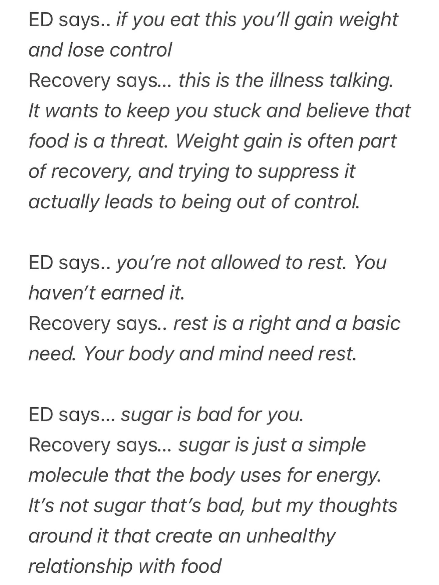 Thought restructuring - one of the tenets of Cognitive Behavioral Therapy for Eating Disorders. Challenging these thoughts alongside actively changing behaviours helps to create new thought pathways in the brain. What fires together wires together as
