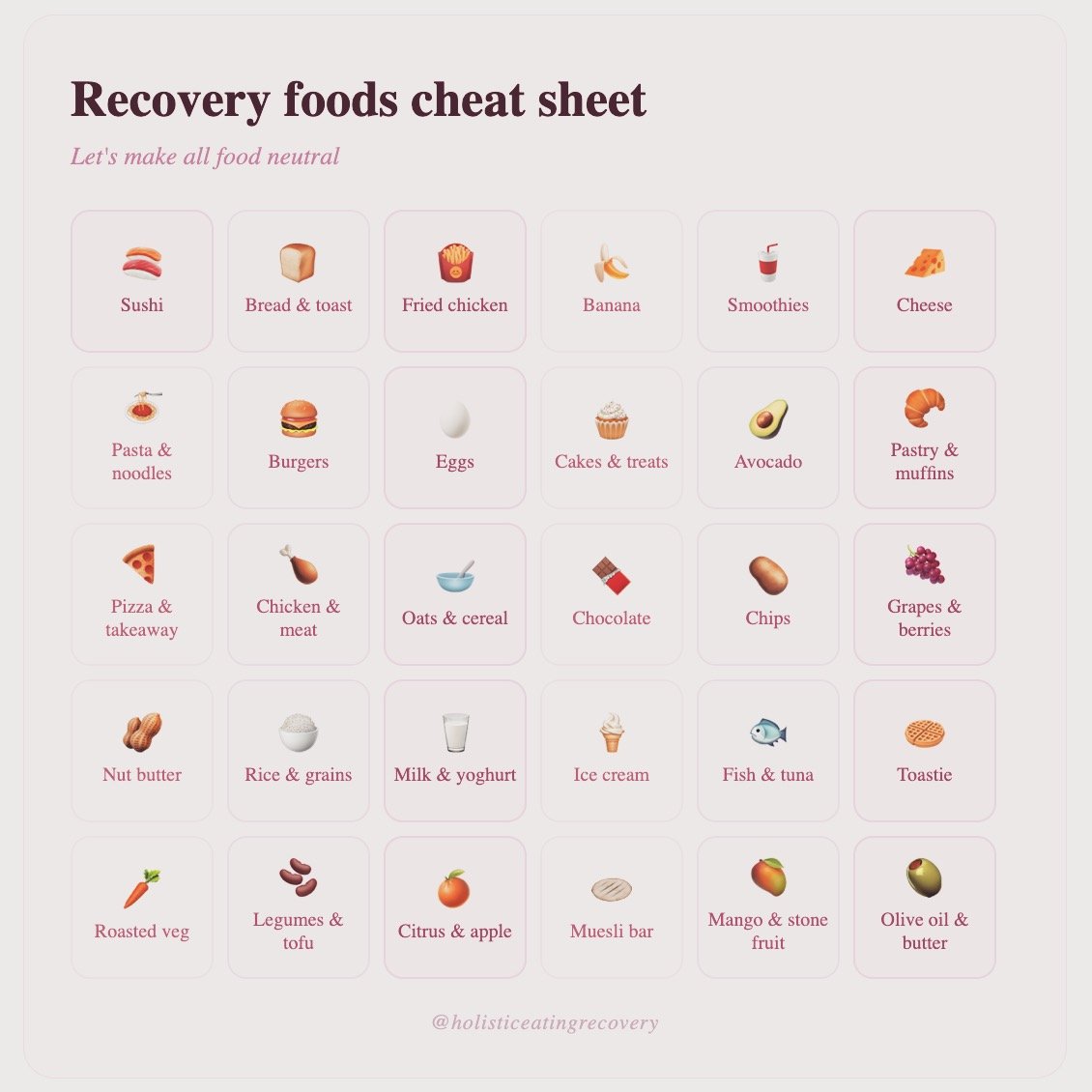 Food neutrality is a skill. And takes practise. Our brain needs to know that all food is okay, and that ultimately, food is just food.
Practising behavioural experiments around including a variety of foods is an important part of recovery. Only when 