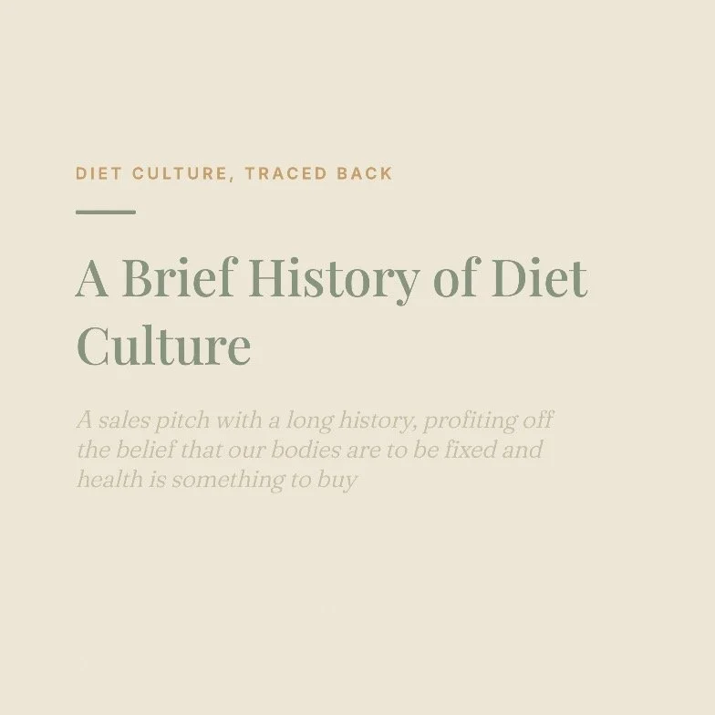 Diet culture has a history, a business model, and a very deliberate design.
This is a brief timeline of how we got here: "healthy eating" becoming a moral value, the ever changing body ideal shifting fast enough to keep selling something ne