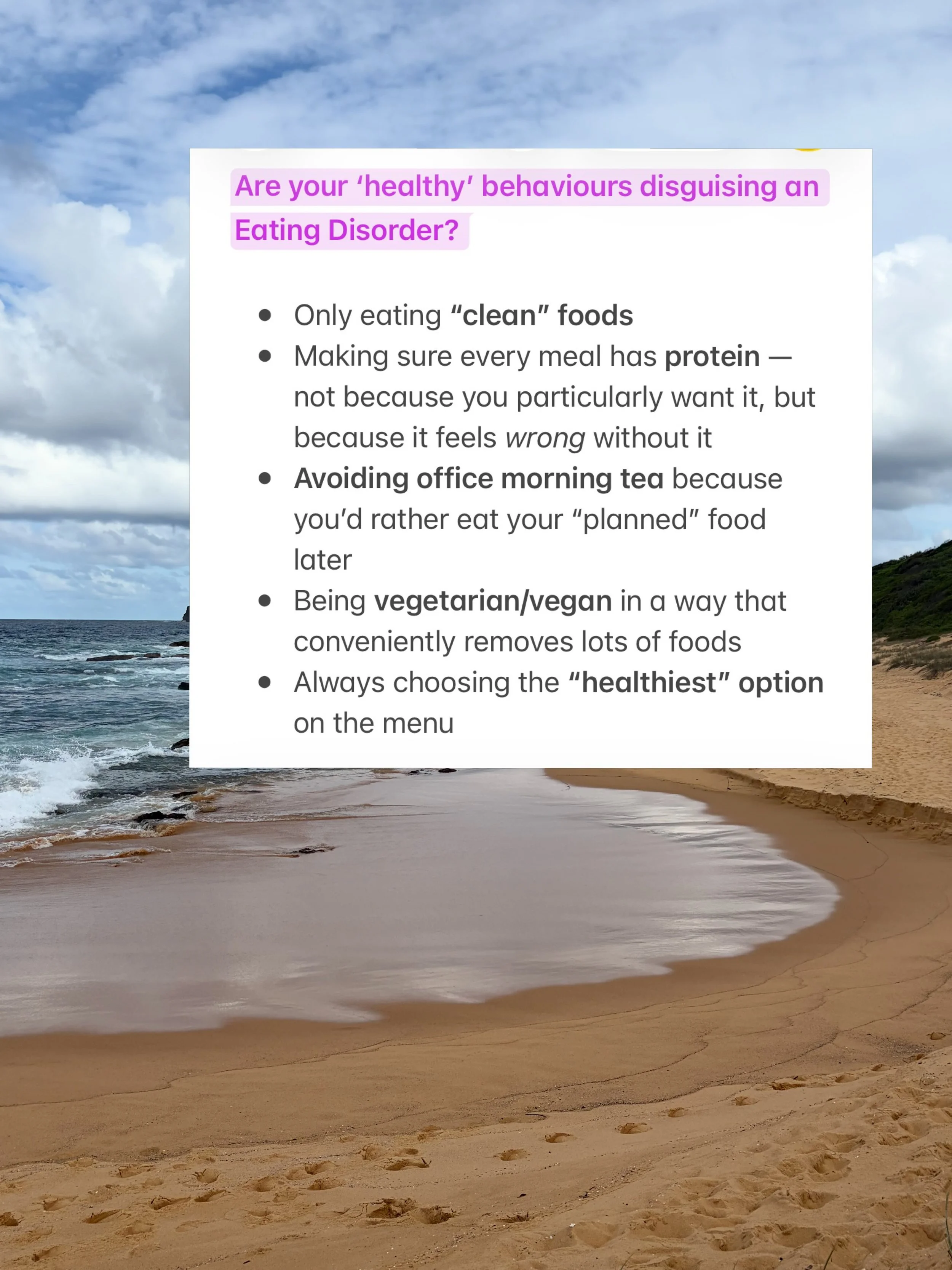 The sneaky part of Eating Disorders? 
They can show up anywhere. They are highly normalised in our &lsquo;health obsessed&rsquo; culture. Sometimes they look like being &ldquo;healthy&rdquo;, &ldquo;disciplined&rdquo;, &ldquo;fussy&rdquo;, &ldquo;jus