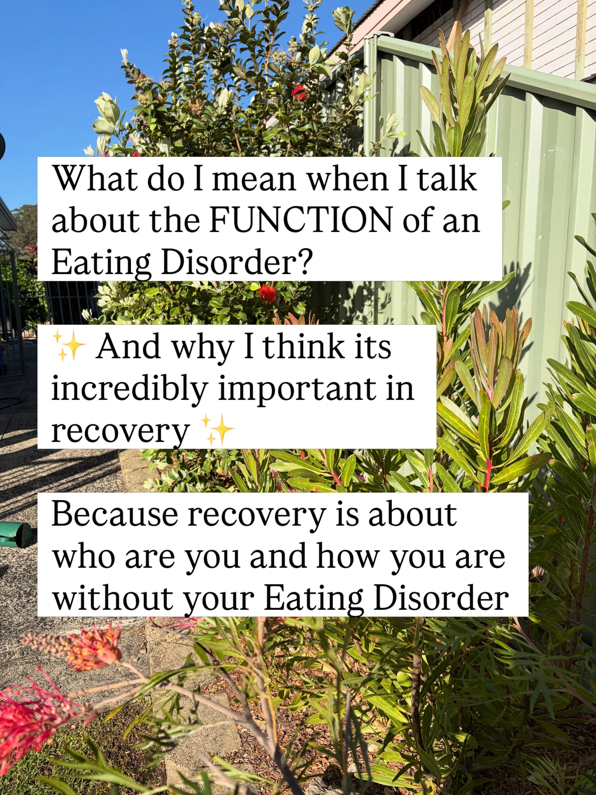 One of my superpowers is being able to go much deeper than food and behaviours and really help with getting clarity on why the Eating Disorder is sticking around and how to find ways to cope outside the Eating Disorder. This is what I do with clients
