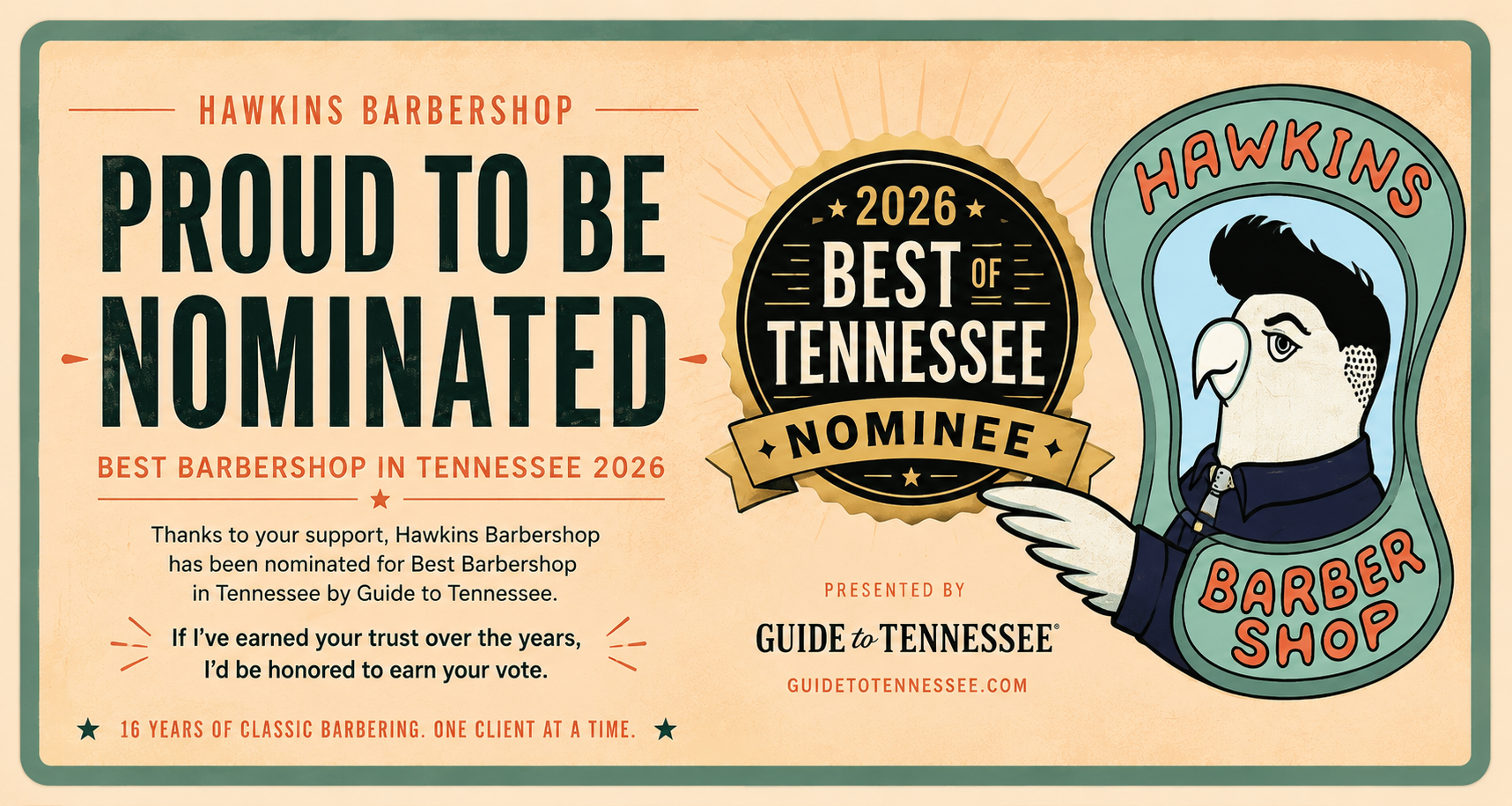 Hawkins Barbershop nominated for Best Barbershop in Tennessee 2026. Vote for Hawkins Barbershop in the Guide to Tennessee Best of Tennessee Awards.