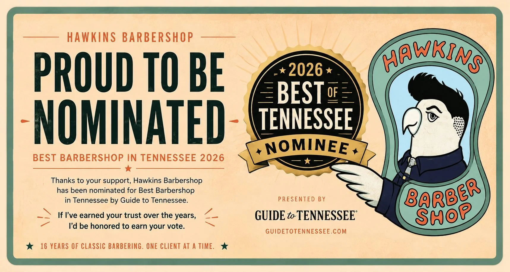 Hawkins Barbershop nominated for Best Barbershop in Tennessee 2026. Vote for Hawkins Barbershop in the Guide to Tennessee Best of Tennessee Awards.