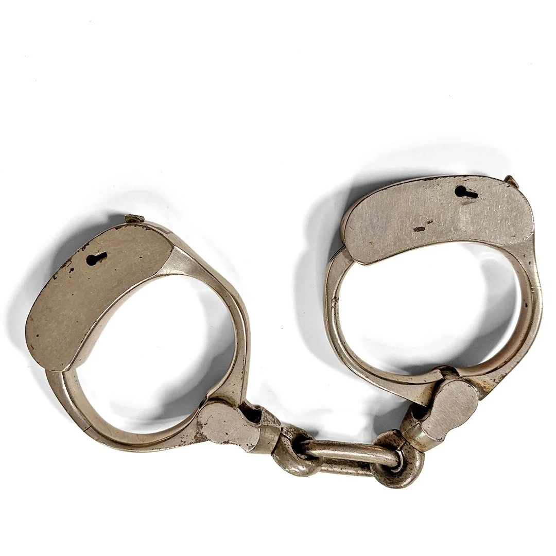 For Sale: Bean Patrolman Handcuffs — Stamped "T" on Clevis — Nov 1884 Patent