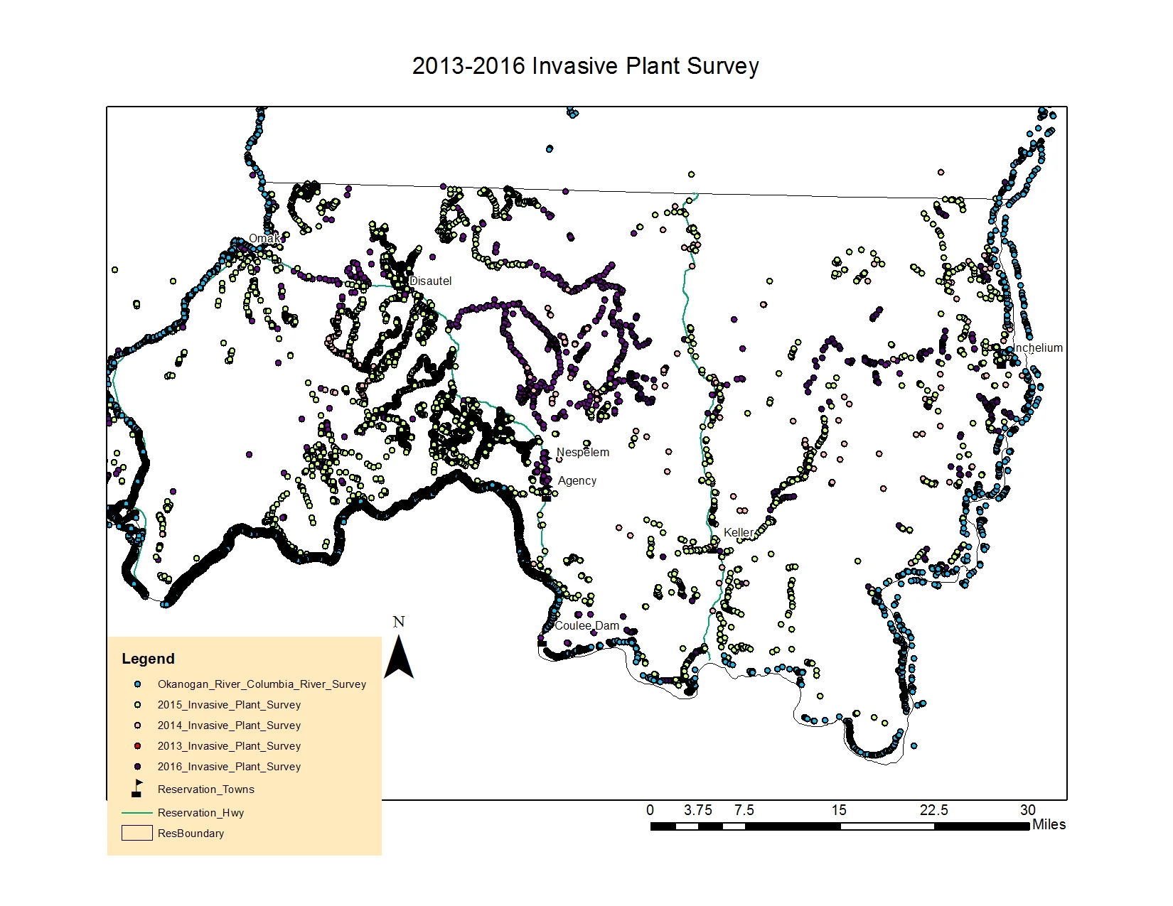 Above: This maps illustrates the invasive plant survey information collected from 2013-2016.