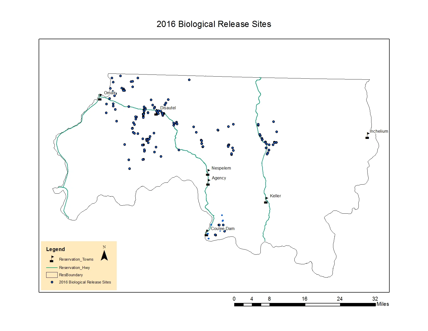 Above: This map illustrates the locations of biological controls that were released in 2016. Releases were focused on recently burned areas, to help increase insect populations after the burn. Learn more about the biocontrol program here. 