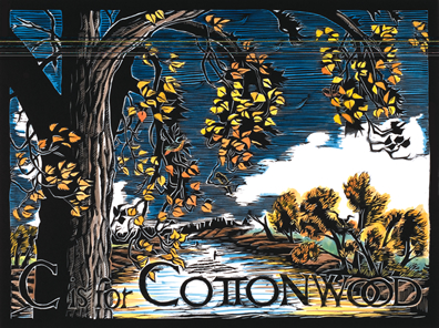 Hand painted woodblock print Cottonwood alphabet series by Montana artist Claire Emery