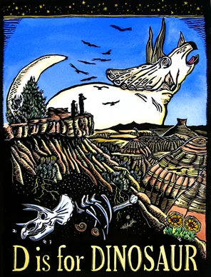 Hand painted woodblock print Dinosaur alphabet series by Montana artist Claire Emery