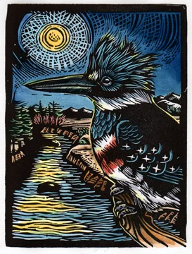 Hand painted woodblock print kingfisher by Montana artist Claire Emery