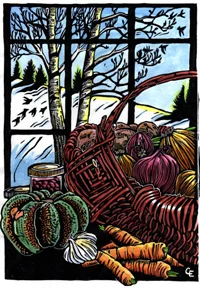 Hand painted woodblock print winter bounty still life by Montana artist Claire Emery