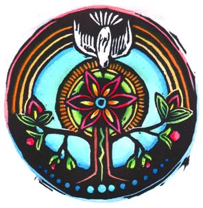 Hand painted woodblock print dove tree of life series by Montana artist Claire Emery