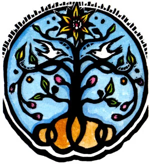 Hand painted woodblock print tree of life in blue by Montana artist Claire Emery