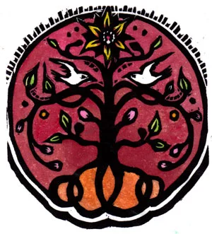 hand made woodblock print holiday tree of life in red by Montana artist Claire Emery