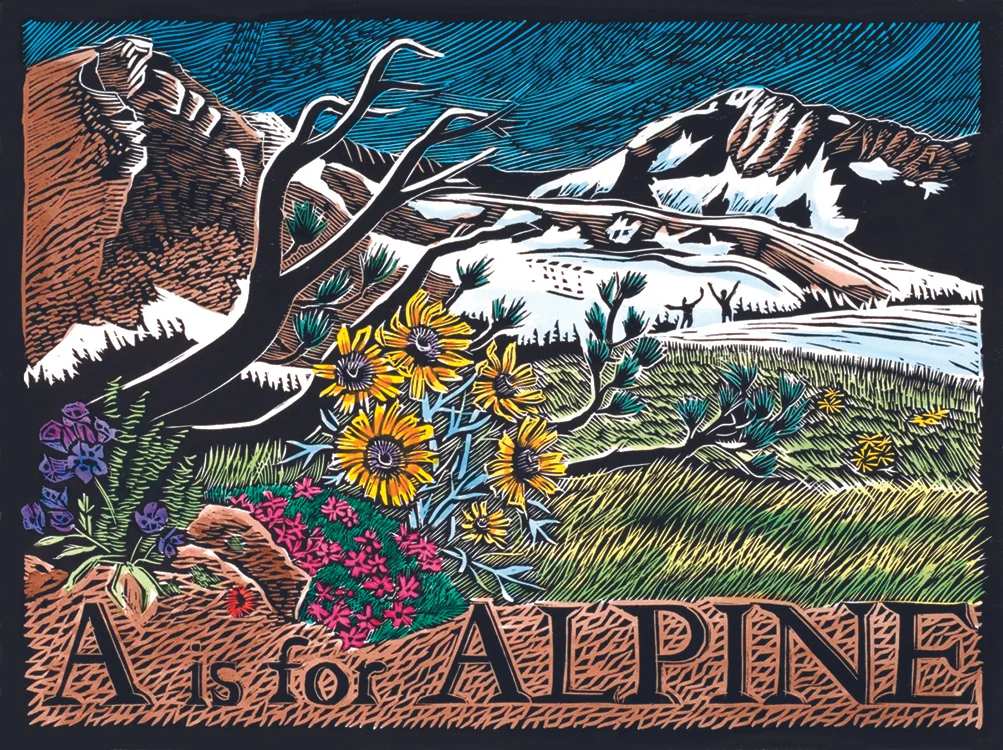 Hand painted woodblock print alpine alphabet