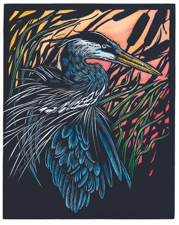 Handpainted woodblock print great blue heron by Montana artist Claire Emery