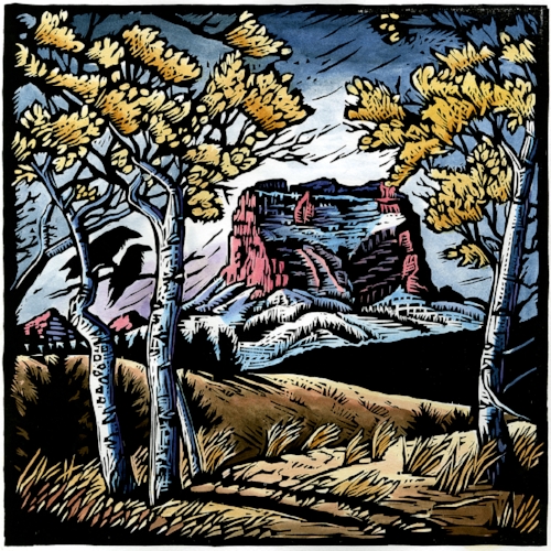 Handmade Original, Linoleum Block Print, Mountain Landscape 