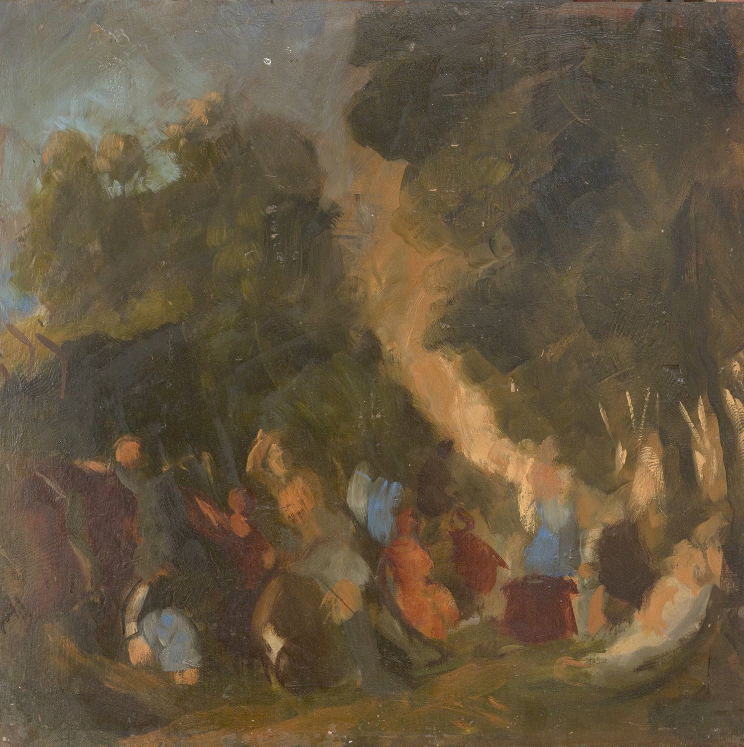 Untitled 063 - Gathering Under Trees, Oil on board, Estate Collection